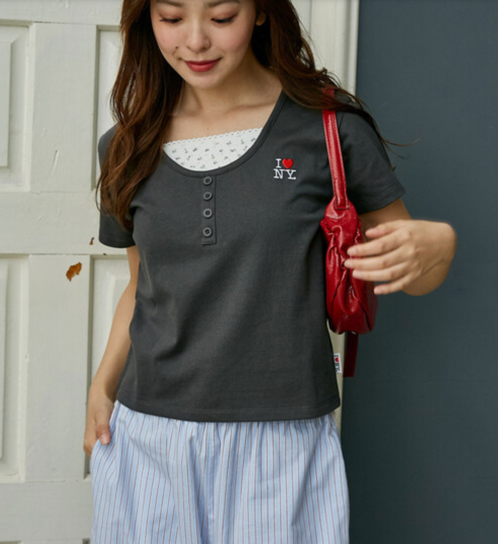Direct from Japan: I Love NY Flower Pattern Layered Henley Neck Tee