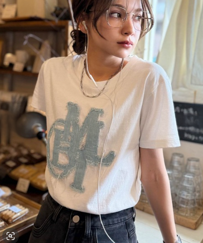 日本直送Denim fringe patch Tee