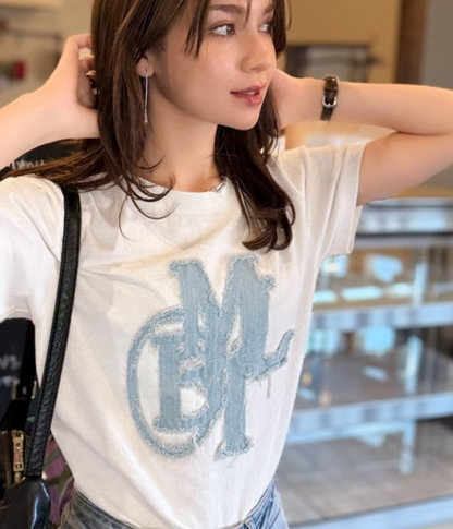 日本直送Denim fringe patch Tee