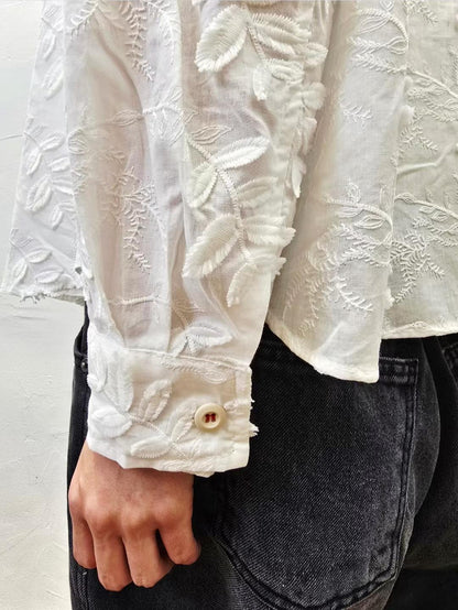 Korea Direct Ship Leaf Embroidery Contrasting-Button Shirt