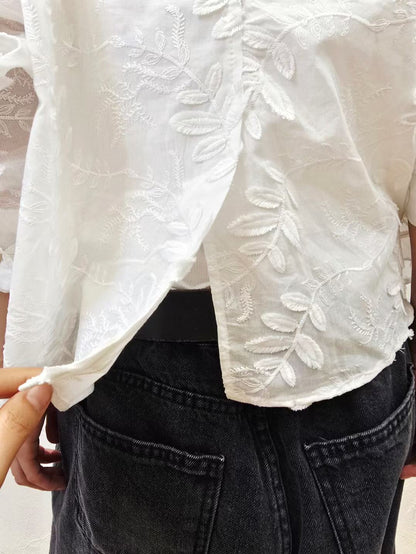Korea Direct Ship Leaf Embroidery Contrasting-Button Shirt