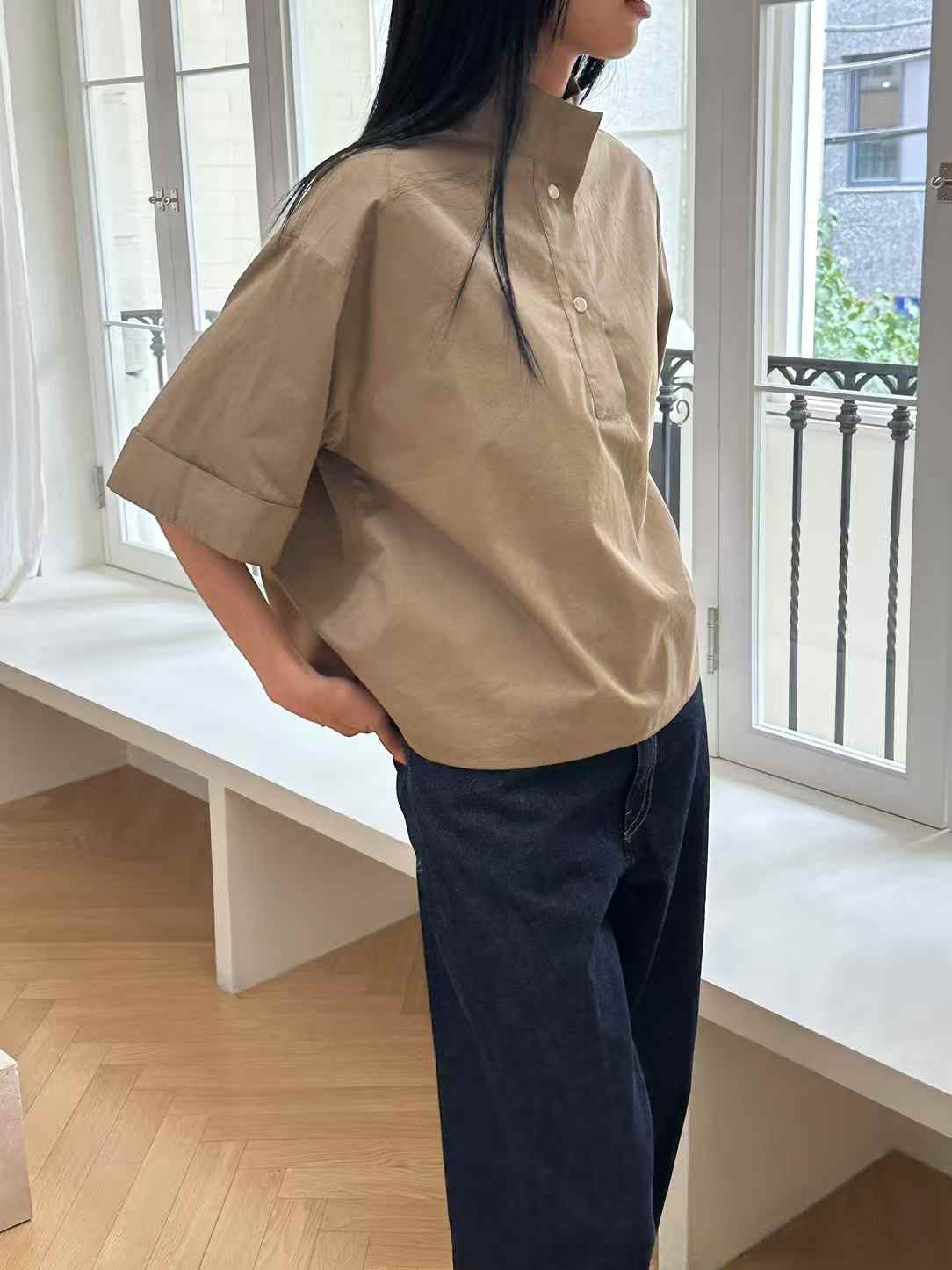 Korean Direct Solid Color Henley Popover Shirt