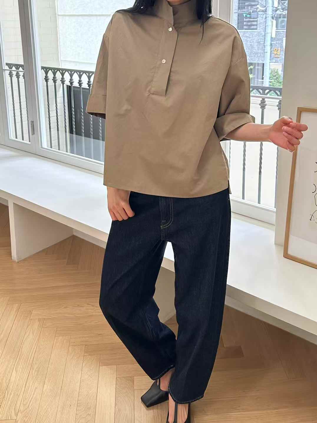 Korean Direct Solid Color Henley Popover Shirt