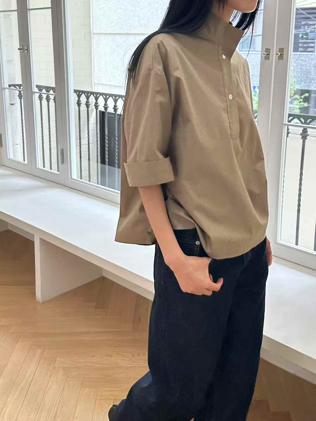 Korean Direct Solid Color Henley Popover Shirt