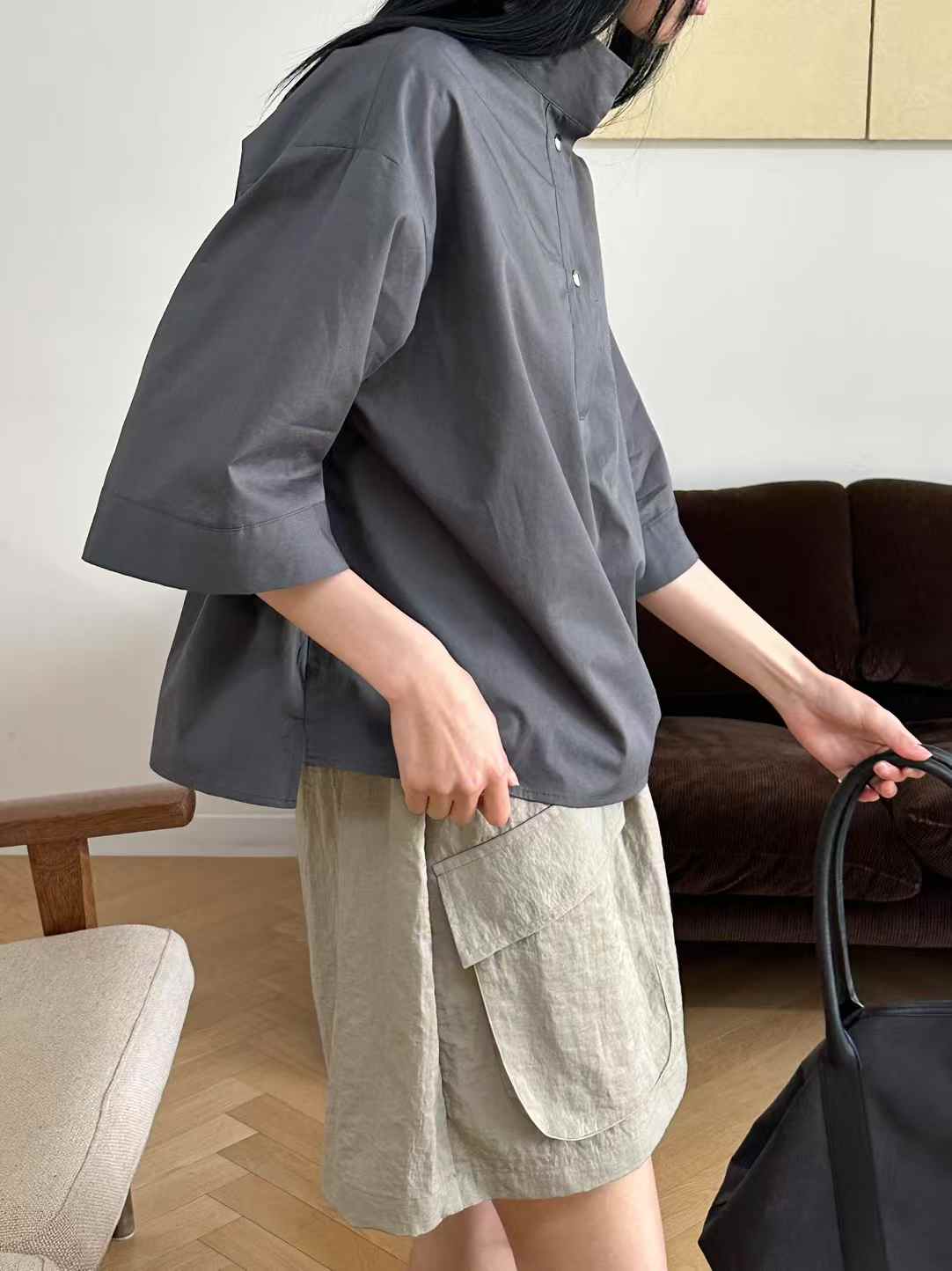 Korean Direct Solid Color Henley Popover Shirt
