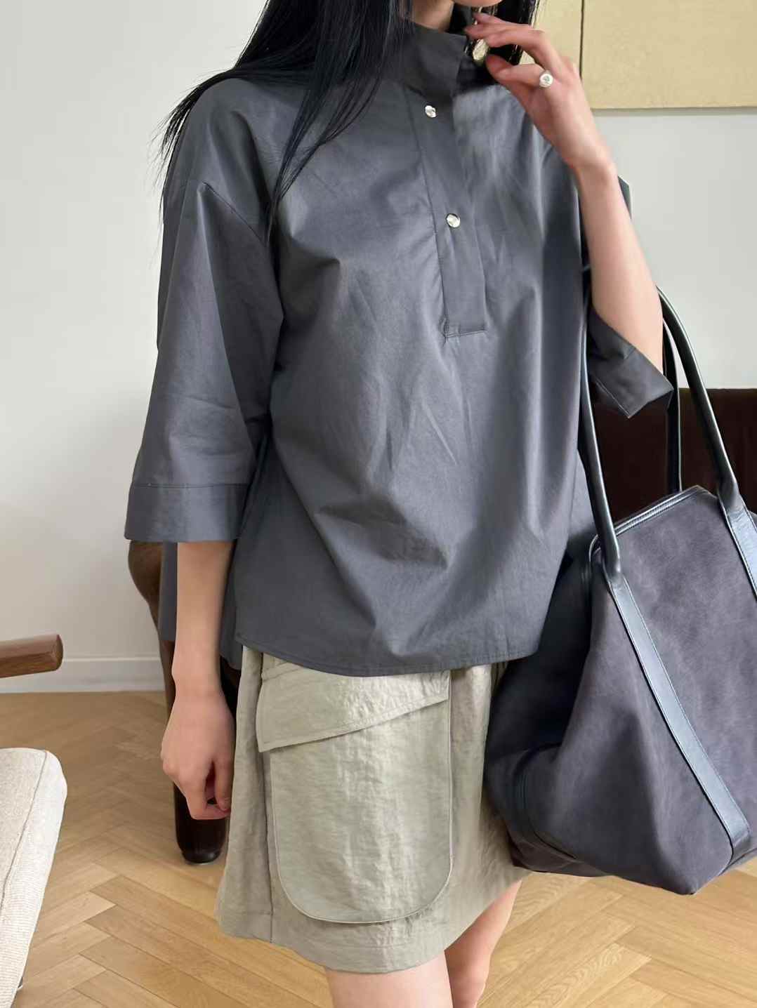 Korean Direct Solid Color Henley Popover Shirt