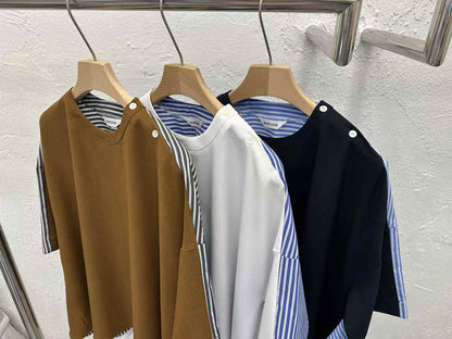 韓國直送Stripe Splice Shoulder-Button Tee