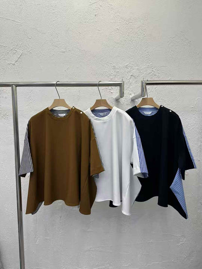 韓國直送Stripe Splice Shoulder-Button Tee