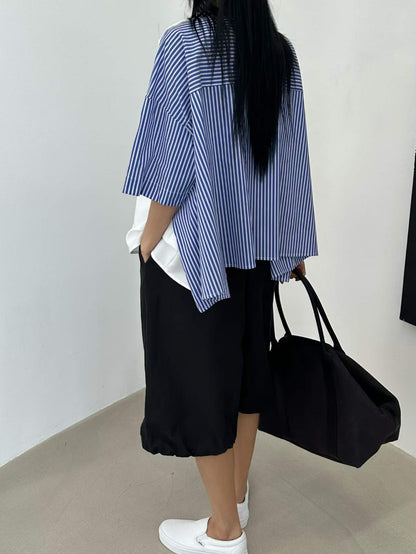 韓國直送Stripe Splice Shoulder-Button Tee