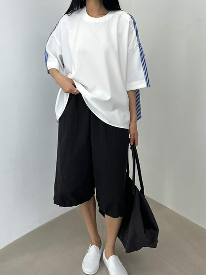 韓國直送Stripe Splice Shoulder-Button Tee