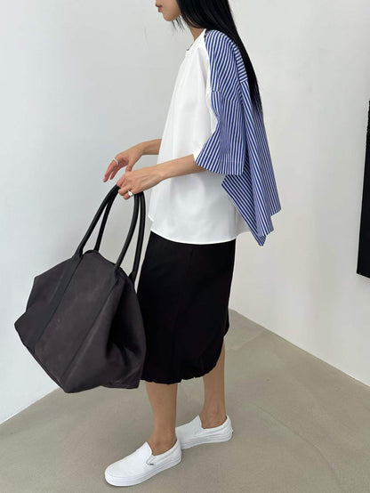 韓國直送Stripe Splice Shoulder-Button Tee