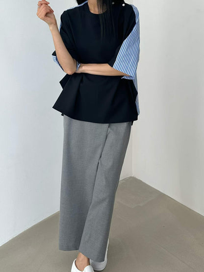 韓國直送Stripe Splice Shoulder-Button Tee