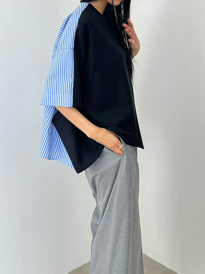 韓國直送Stripe Splice Shoulder-Button Tee
