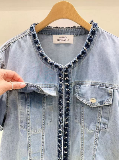 Korea Direct Amelie Tweed-Trim Denim Jacket