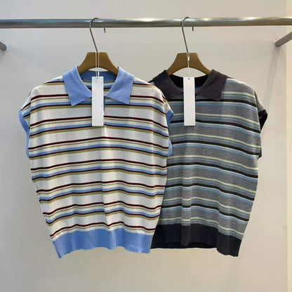 Korean direct delivery Retro Breeze Striped Polo Knit