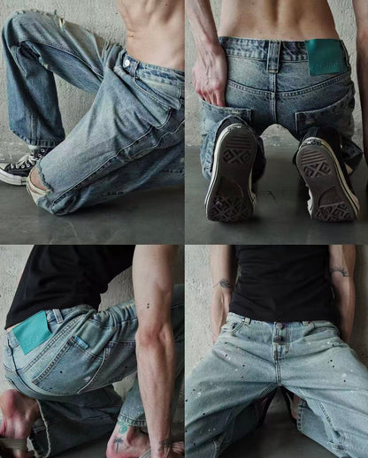 Alfaer Paint Splatter Straight Blue Washed Jeans