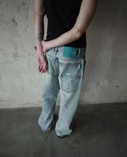 Alfaer Paint Splatter Straight Blue Washed Jeans