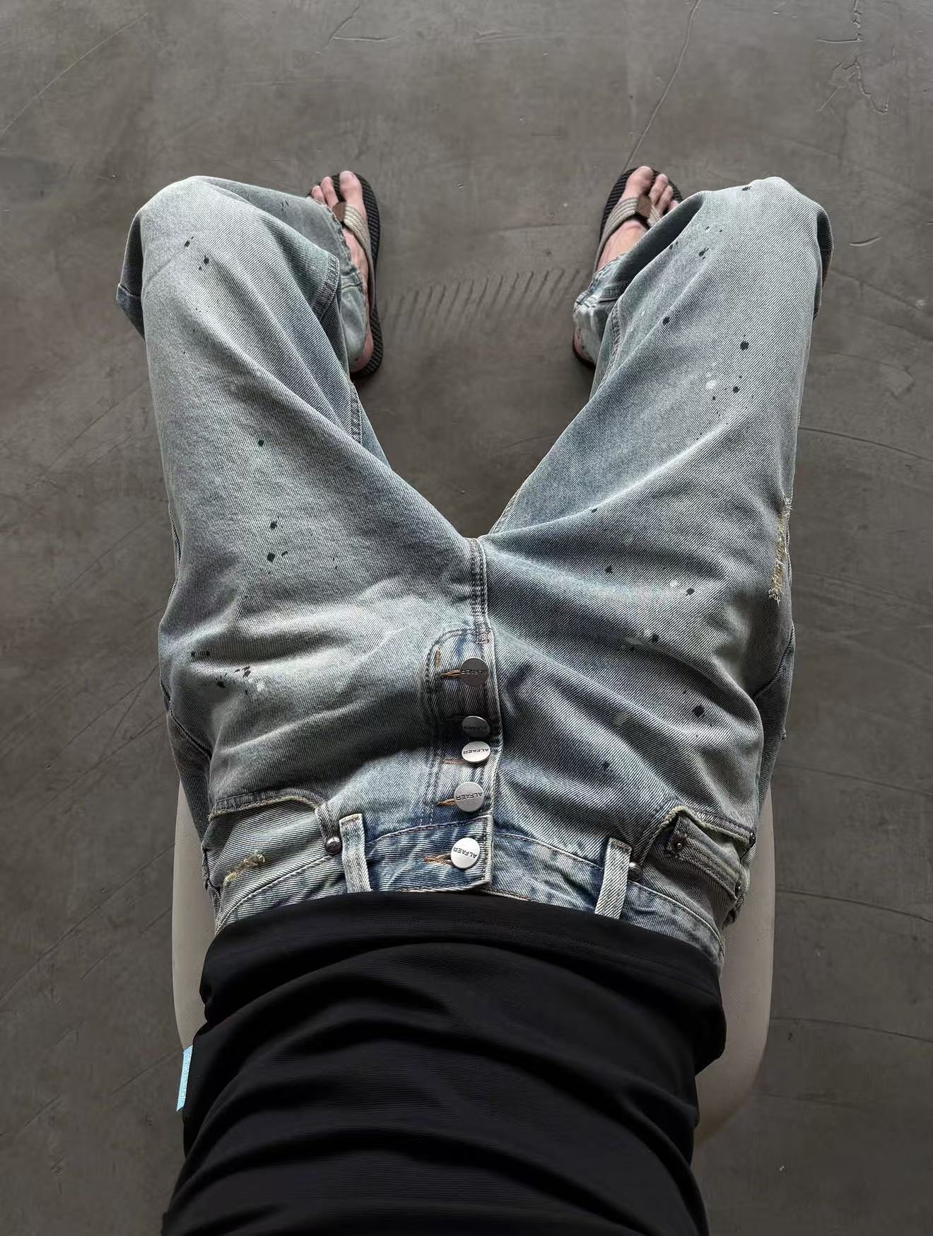 Alfaer Paint Splatter Straight Blue Washed Jeans