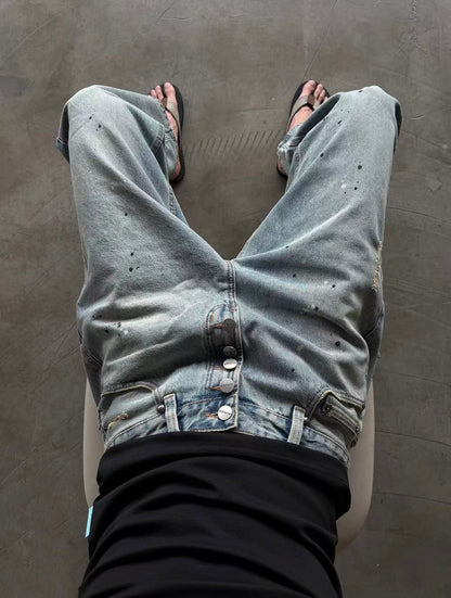 Alfaer Paint Splatter Straight Blue Washed Jeans