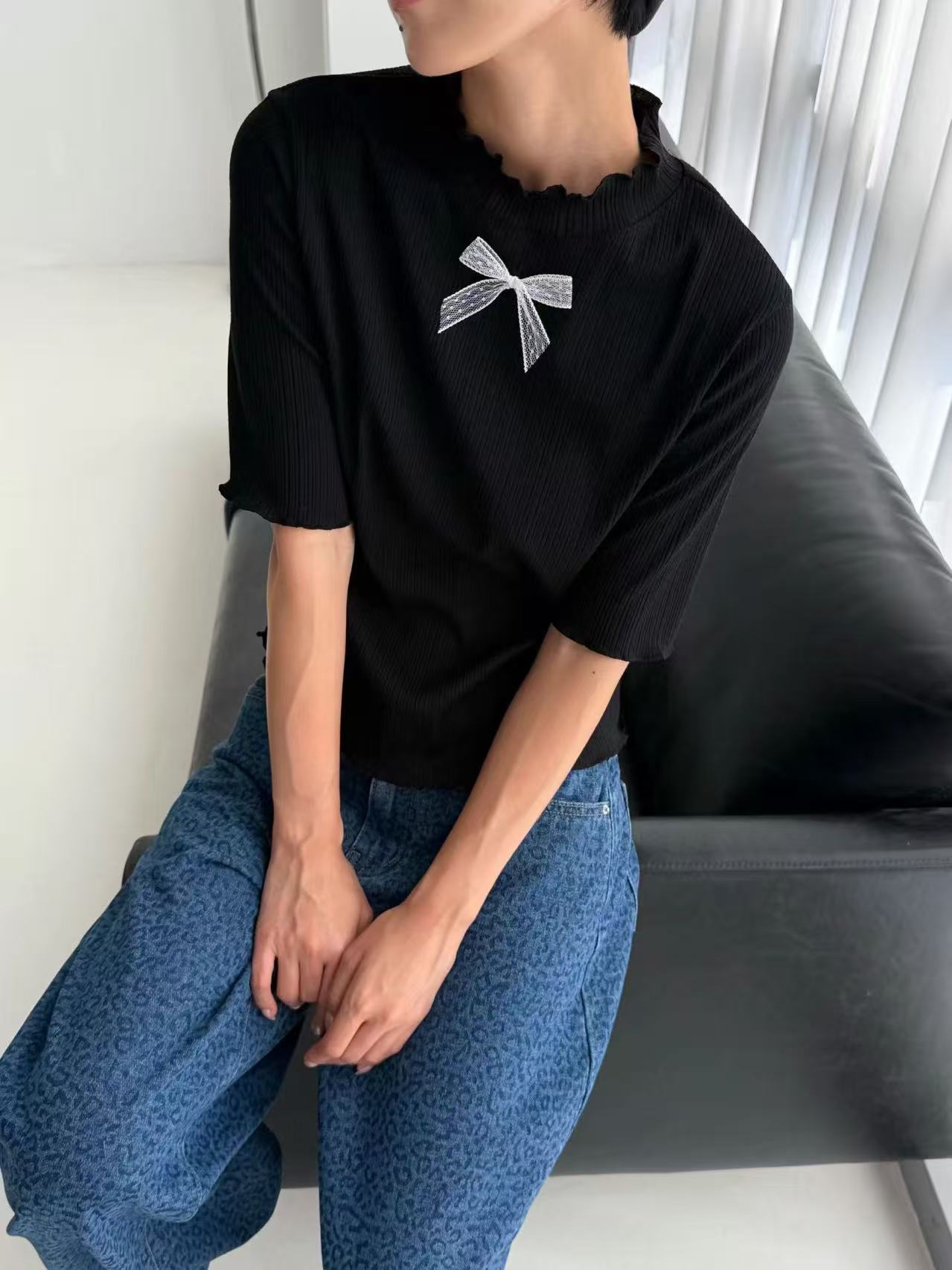 韓國直送Sweet Ribbon Knit Top / Denim Pants