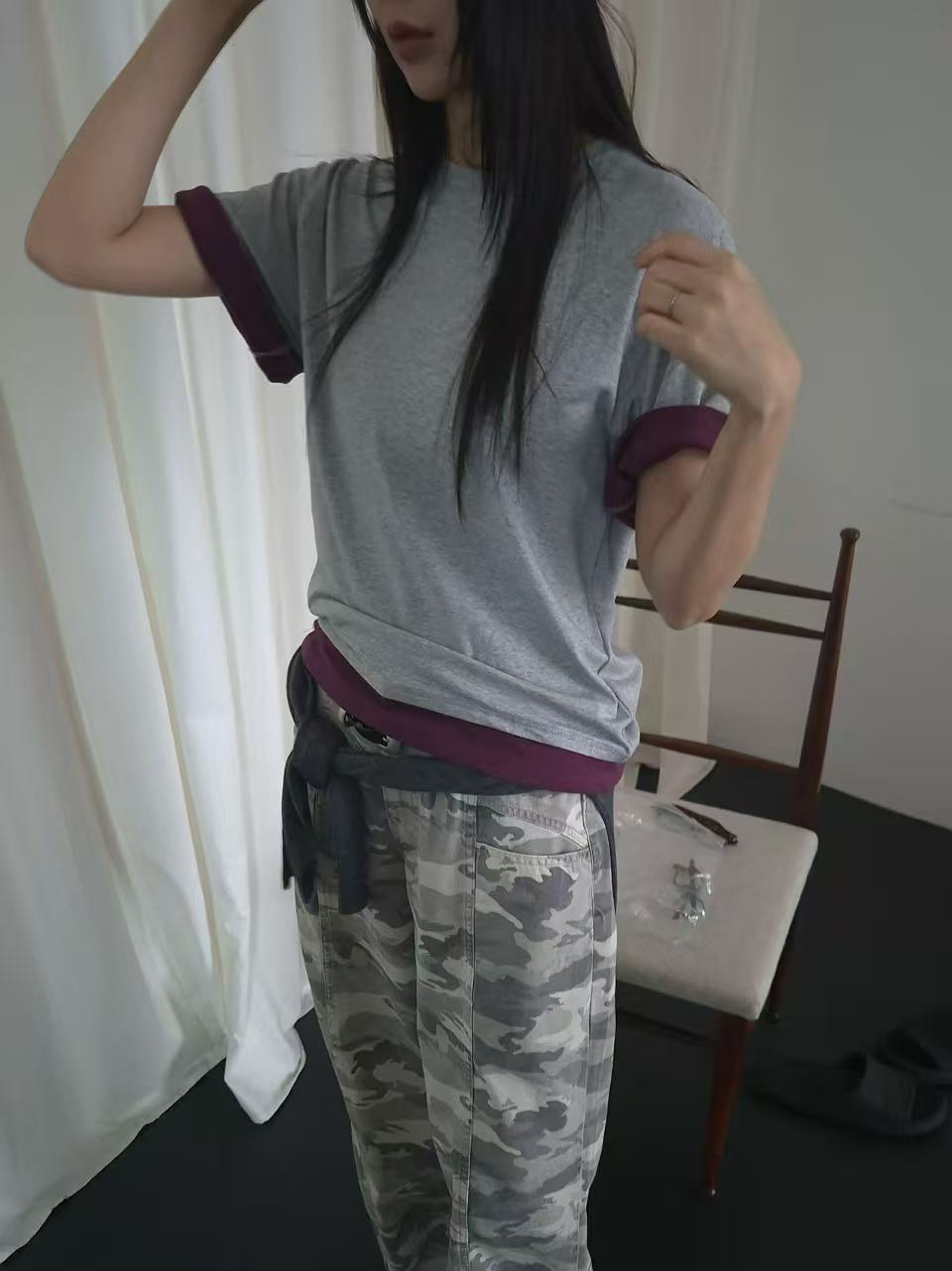 韓國直送Contrast Cuff Layered Tee