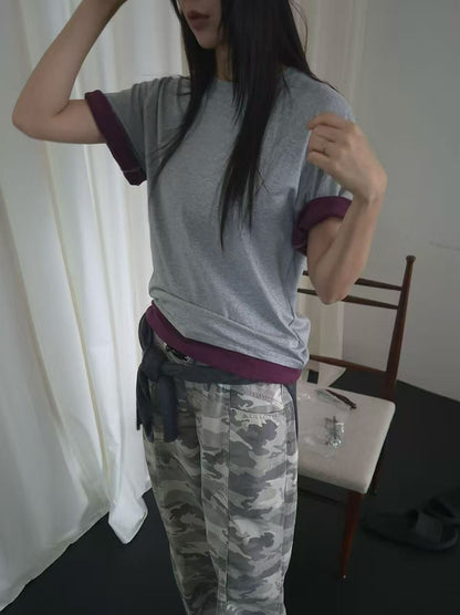 韓國直送Contrast Cuff Layered Tee