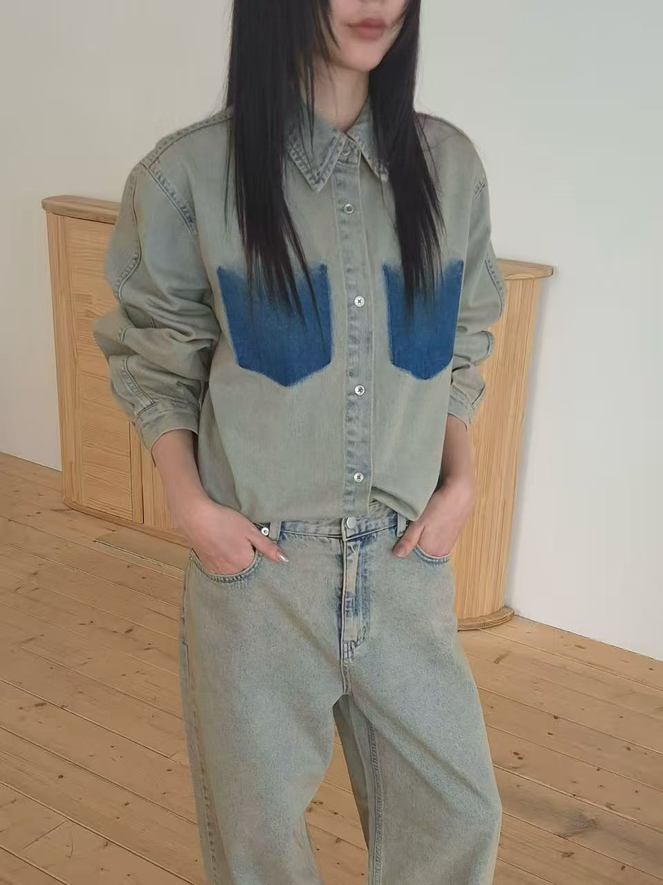 Korean Direct Shipping Shadow Pocket Denim Shirt