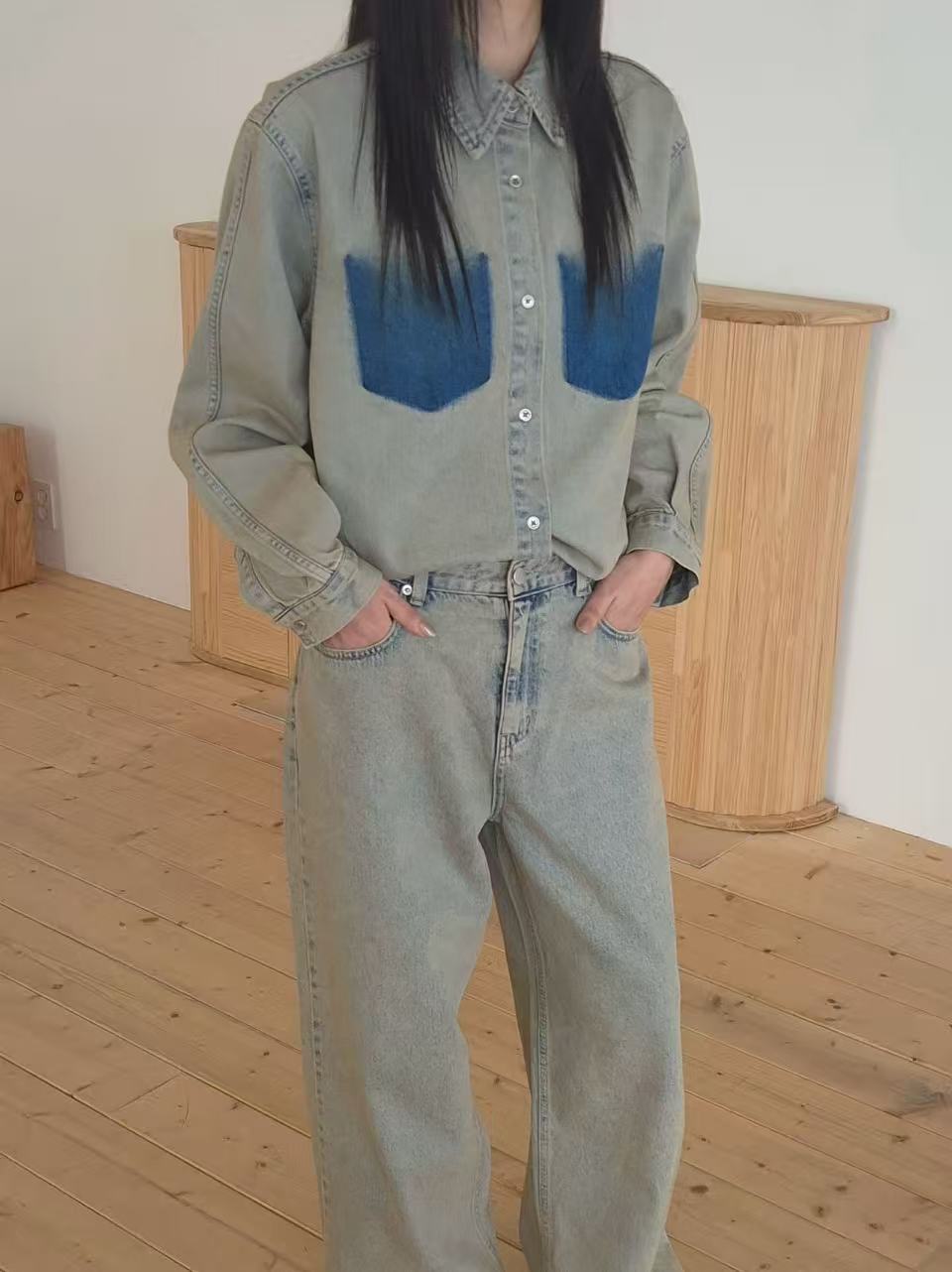 Korean Direct Shipping Shadow Pocket Denim Shirt