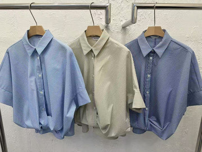 Korean-Style Twisted Front Striped Shirt