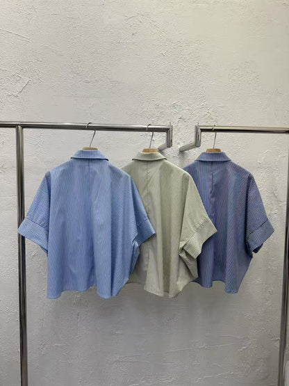 Korean-Style Twisted Front Striped Shirt