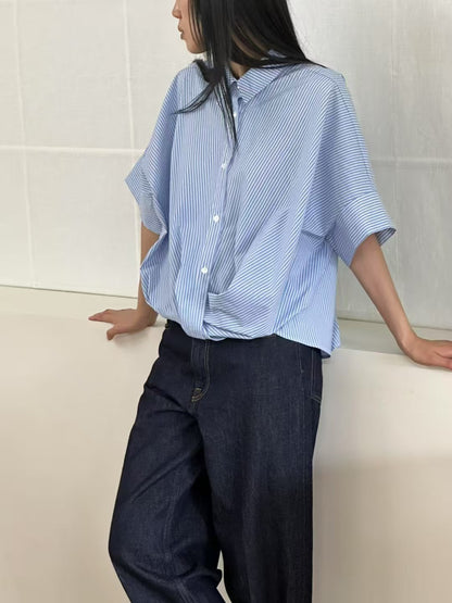 Korean-Style Twisted Front Striped Shirt