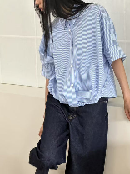 Korean-Style Twisted Front Striped Shirt