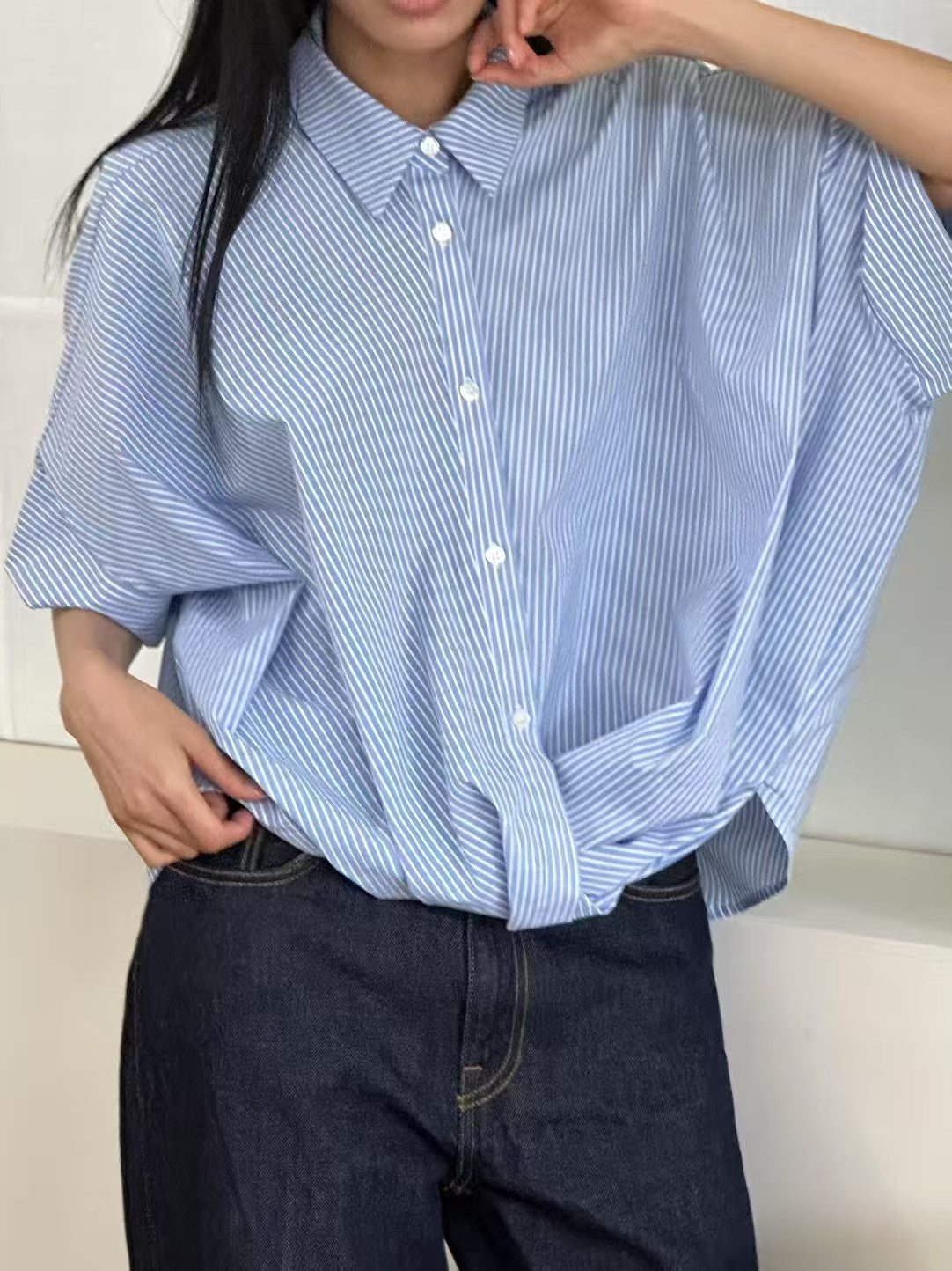 Korean-Style Twisted Front Striped Shirt
