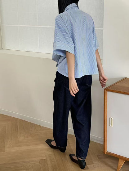 Korean-Style Twisted Front Striped Shirt