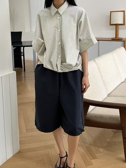 Korean-Style Twisted Front Striped Shirt