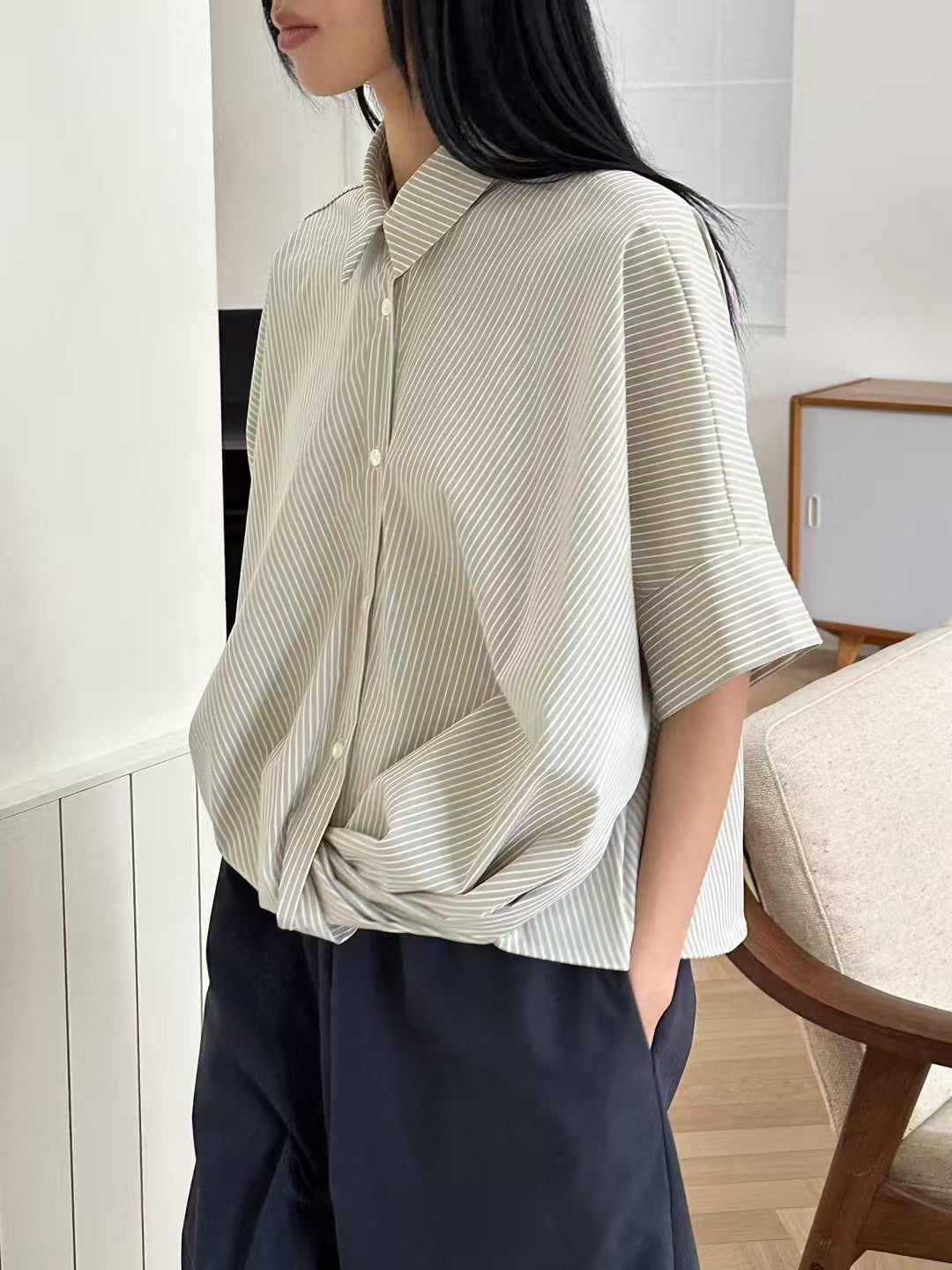 Korean-Style Twisted Front Striped Shirt