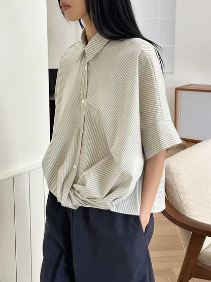 Korean-Style Twisted Front Striped Shirt