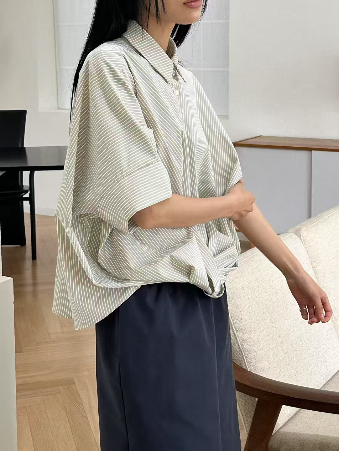 Korean-Style Twisted Front Striped Shirt