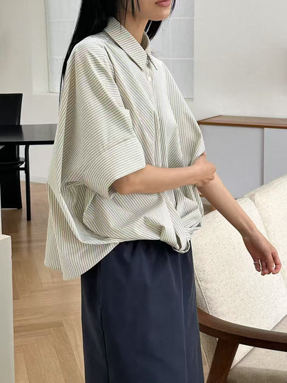 Korean-Style Twisted Front Striped Shirt