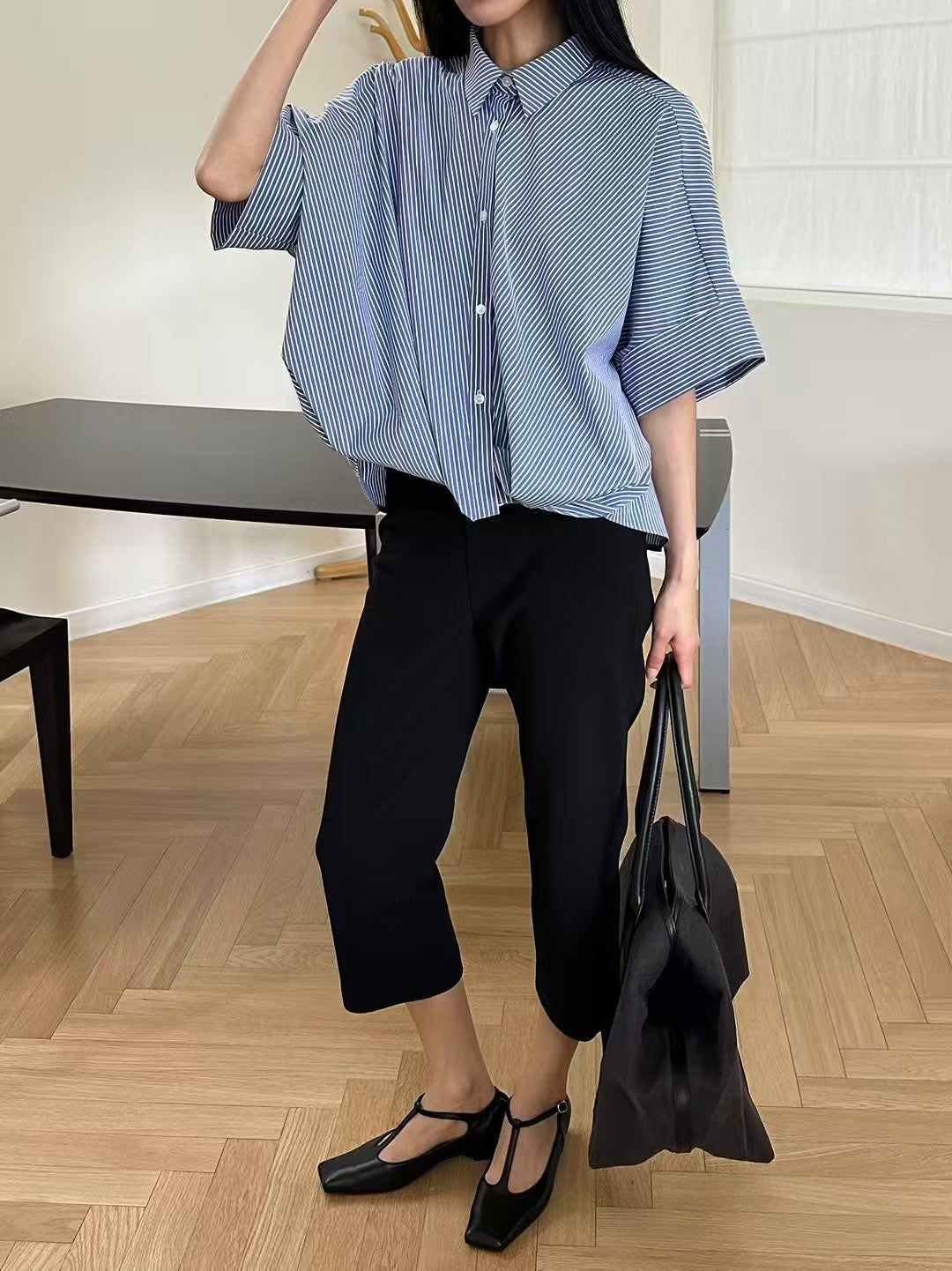 Korean-Style Twisted Front Striped Shirt