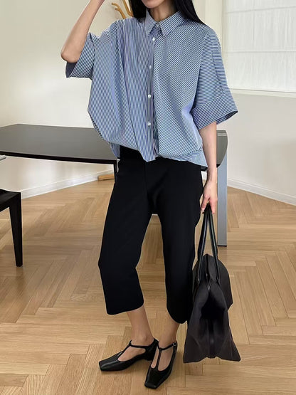 Korean-Style Twisted Front Striped Shirt