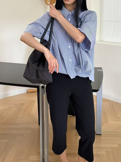 Korean-Style Twisted Front Striped Shirt