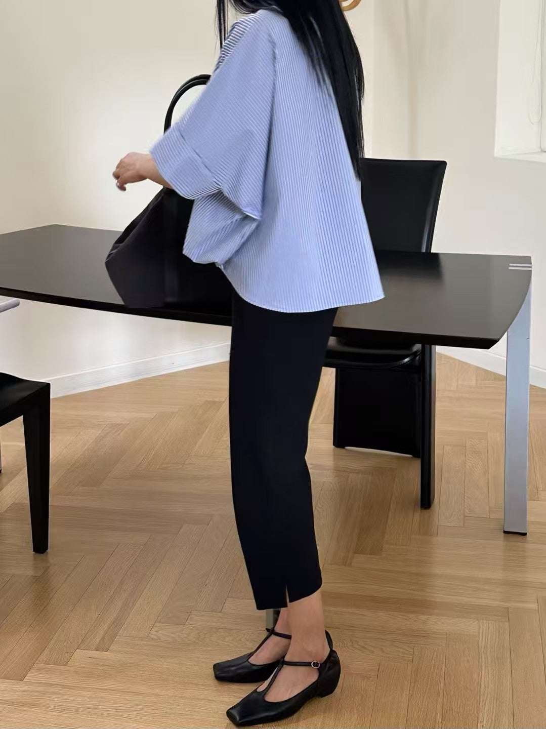 Korean-Style Twisted Front Striped Shirt