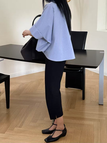 Korean-Style Twisted Front Striped Shirt