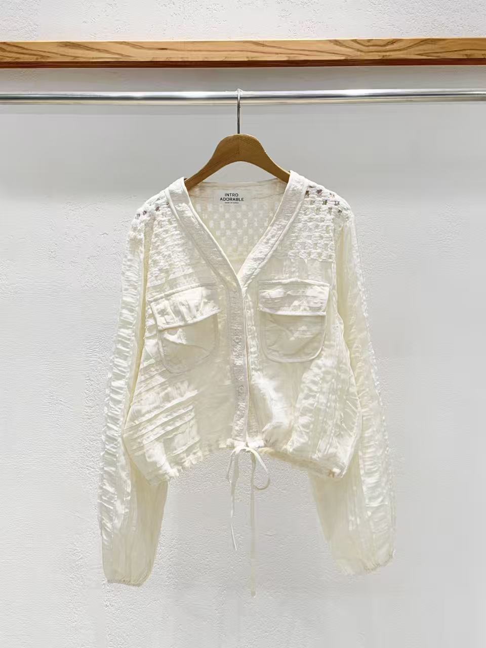 Korean Direct Delivery Sheer Patchwork Pocket Top