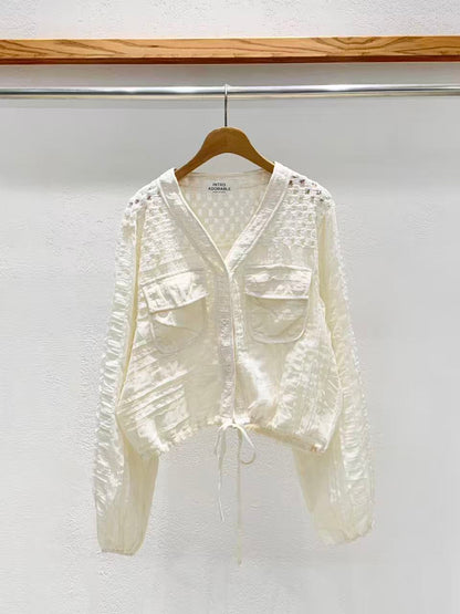Korean Direct Delivery Sheer Patchwork Pocket Top