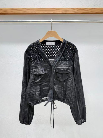 Korean Direct Delivery Sheer Patchwork Pocket Top