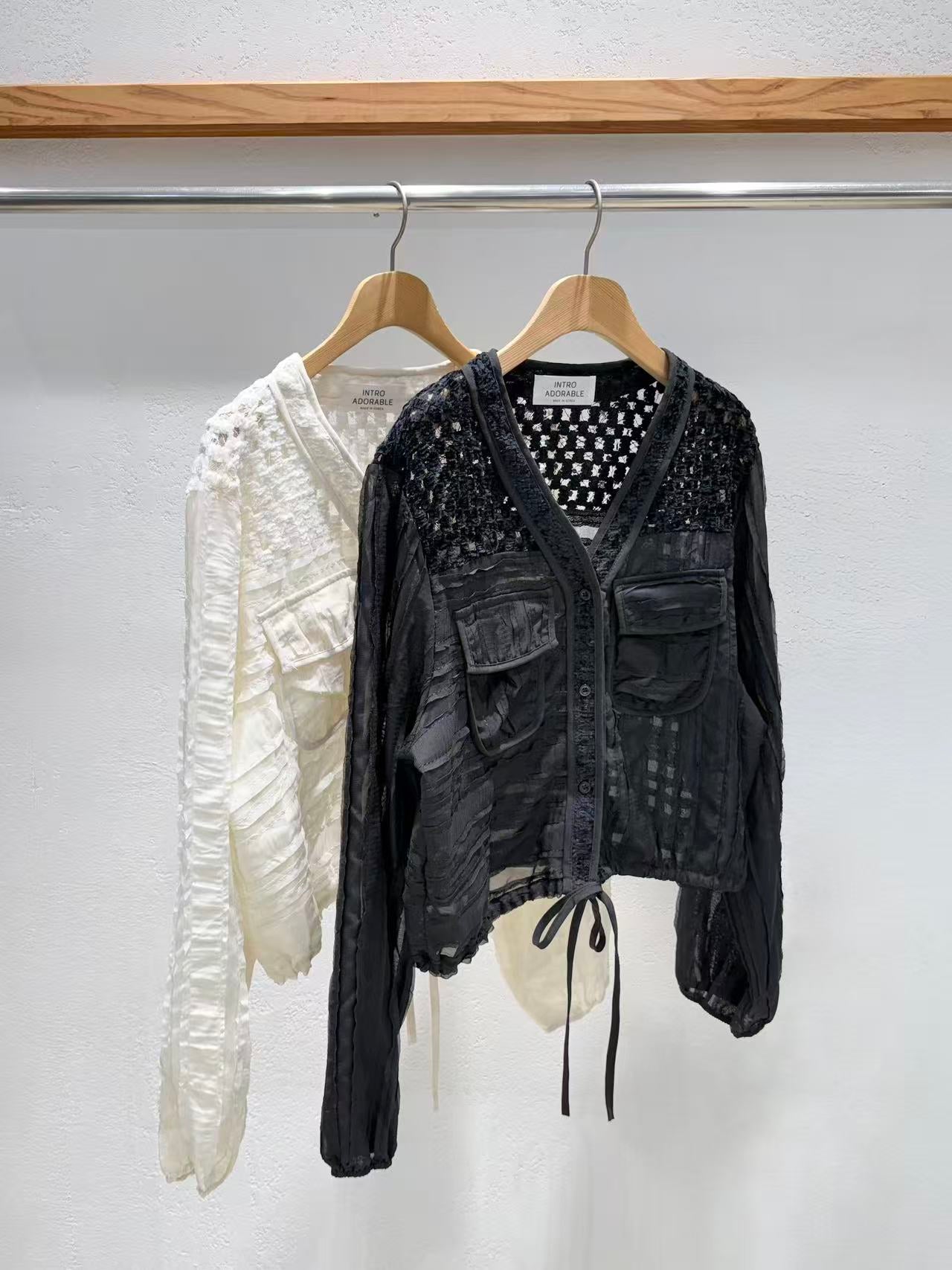 Korean Direct Delivery Sheer Patchwork Pocket Top
