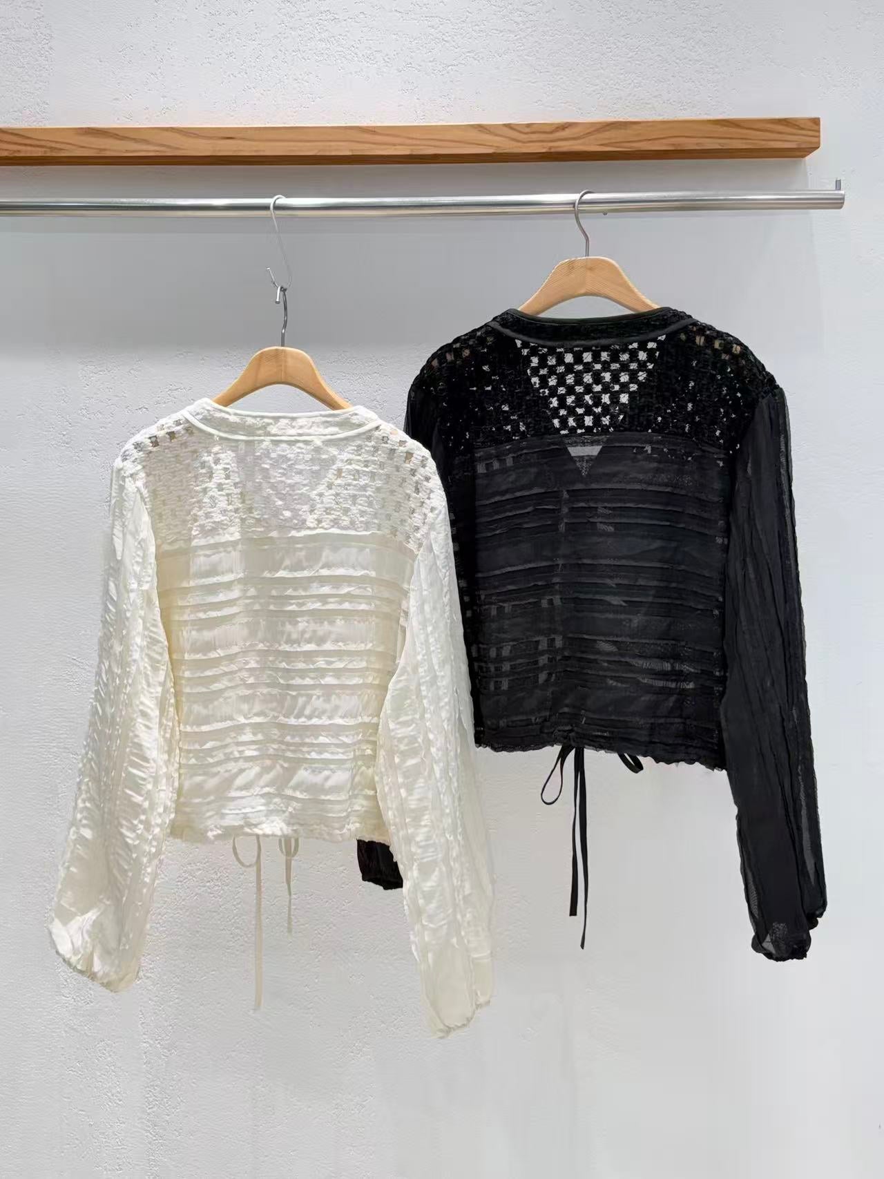 Korean Direct Delivery Sheer Patchwork Pocket Top