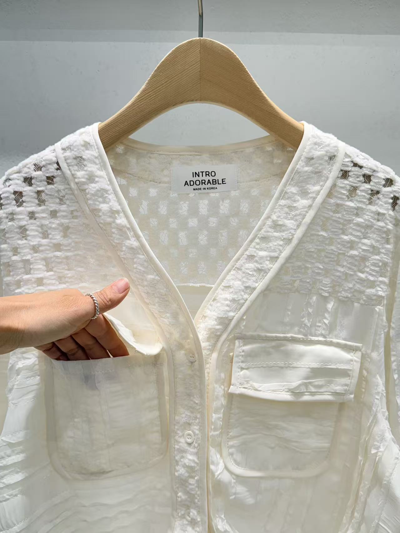 Korean Direct Delivery Sheer Patchwork Pocket Top